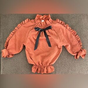 Girls Super Cute Suede Feel Ruffled Long Sleeve Bow Design Top Size 110 (2T)